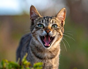 Obraz premium A close-up of an aggressive tabby cat with mouth open