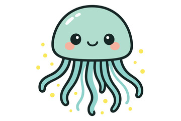 A cute cartoon jellyfish with a friendly face and glowing dots around it © mdalhazsarkar