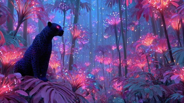 Enchanted fantasy forest with glowing pink flowers and blue bioluminescent trees 3d illustration representing mystery and dream world