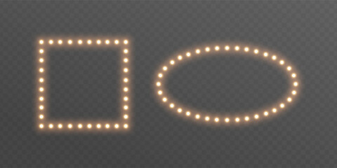 Light bulb gold frame set. Glitter luxury decoration. Golden lamp rectangle banner. Mirror background. Retro neon wall billboard. Cinema, casino design. Marquee circus bg. Vector illustration. © Liubov