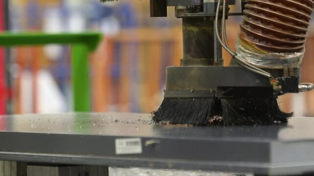 Close up of an automated CNC router machine milling and drilling a wooden board in a modern furniture manufacturing facility. Hightech woodworking industry process.