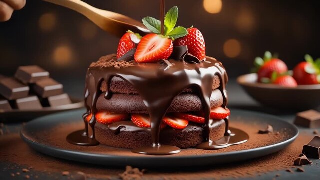 Multi layered chocolate cake elevated angle rich dessert celebration bakery style video