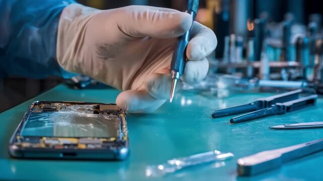 Professional repairing a broken LCD screen on a mobile device demonstrating the detailed process of removing damaged components with specialized tools