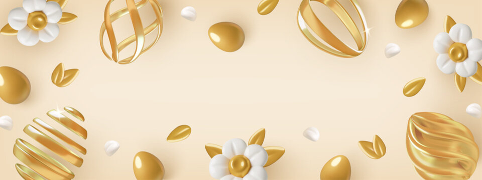 Easter background with gold 3d eggs and spring flowers layout and copy space for text. Vector illustration.