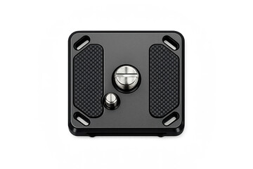 Fototapeta premium Camera tripod quick release plate on gray background with carbon texture