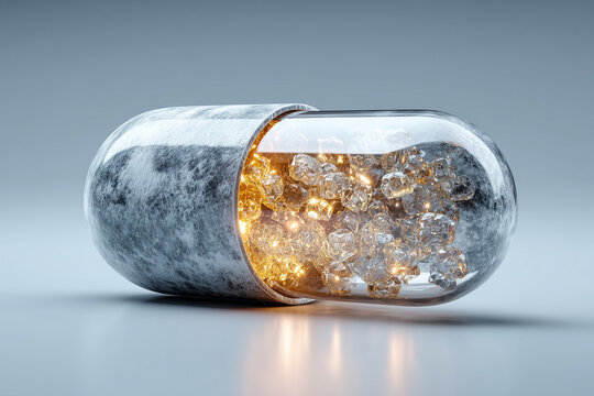 Medical nanocapsule releasing glowing drug crystals in sterile environment