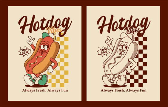 vintage retro hotdog character illustration for streetwear t-shirt, wall project and poster design, features a cartoon mascot in classic style with trendy typography and checkered background