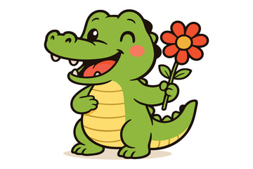 Obraz premium A cheerful cartoon crocodile holding a vibrant flower with a big smile