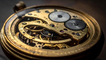 A close-up of an antique pocket watch's intricate mechanical interior