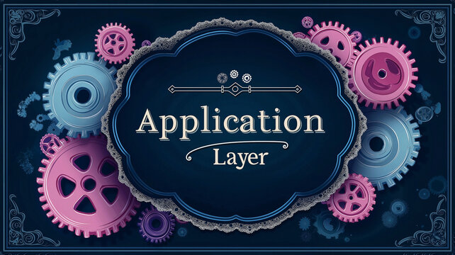 Glowing neon Application Layer text on dark background, artistic steampunk design with blue purple and pink gears