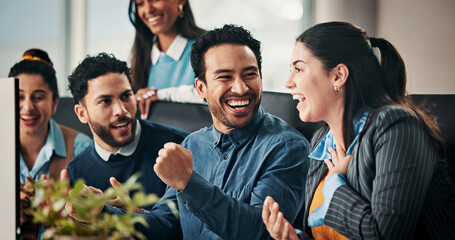 Business people, excited and fist pump in celebration for meeting and teamwork in office. Group of...