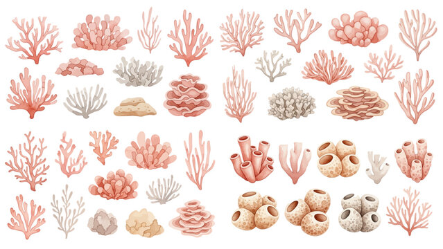 A charming watercolor collection of pastel coral illustrations, featuring reef corals, sea sponges, organic formations, and ocean-inspired tones.