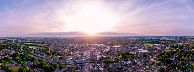 Aerial panorama sunset of the town centre of Spalding in Lincolnshire. A usually busy little market town, this image was taken at the height of lockdown in the COVID-19 pandemic, April 2020 © Steven F Granville