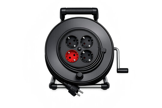 Realistic power cable reel with multi socket design on gradient background