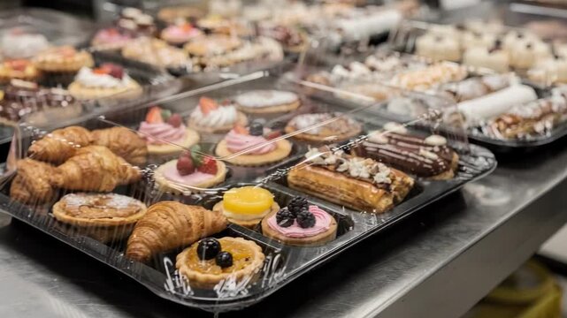 Medium shot showing closeup of sampler pastry assortment trays being tightly shrink wrapped to maintain freshness and convenient sampling.