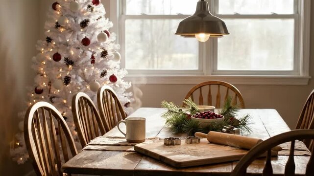 white decorated christmas tree. A cozy dining setup featuring a decorated Christmas tree, warm lighting, a steaming mug, and a wooden table set for festive baking and gathering