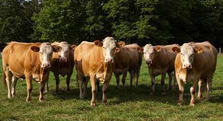 Fototapeta premium Cows grazing in a lush green field under the sunlight, a pastoral scene portraying the beauty of