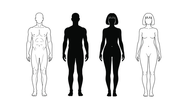 A collection of stylized male and female human body outlines and black silhouettes representing anatomy and diverse forms