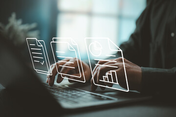 Person typing on laptop with digital documents and data visualization icons overlay