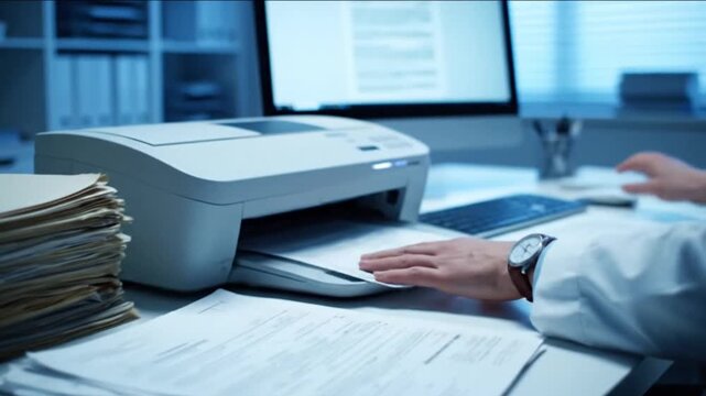 Healthcare Professional in Lab Coat Organizing Medical Records and Using Desktop Printer in Dimly Lit Hospital Office Setting