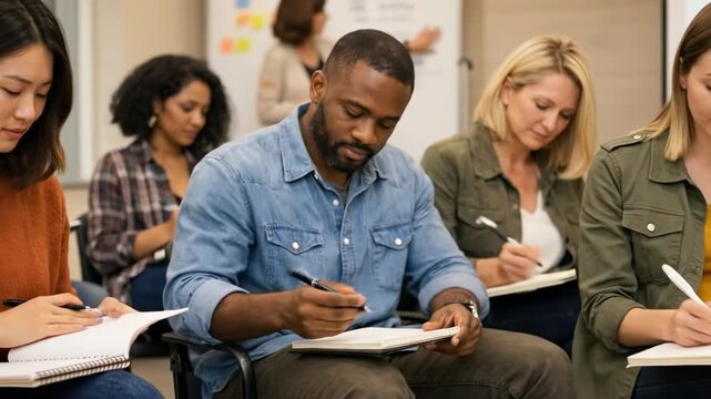 Focused students, including woman and man, write in notebooks in educational workshop environment, demonstrating active study and career growth. Training form the main concept for business