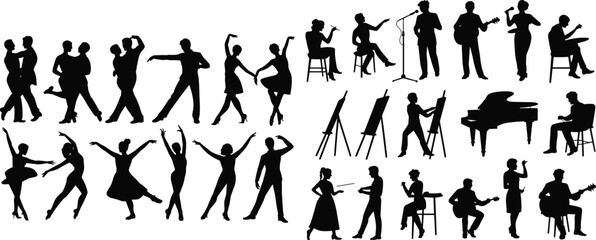 Collection of music and dance performer silhouettes including band musicians singers and dancers isolated on white background artistic entertainment set © Nayan