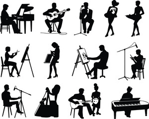Collection of music art and performance silhouettes including musicians painters and dancers isolated on white background creative studio illustration set © Nayan