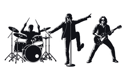 Silhouette illustration of a dynamic rock band performing live featuring a singer drummer and guitarist in high energy action poses