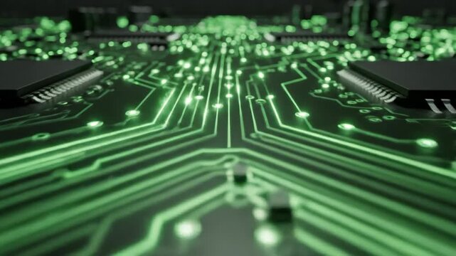Close-up view of glowing green circuitry on a dark background