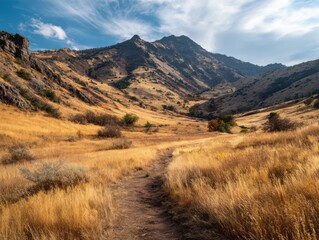 Fototapeta premium Mountain valley path golden dry grass blue sky trail