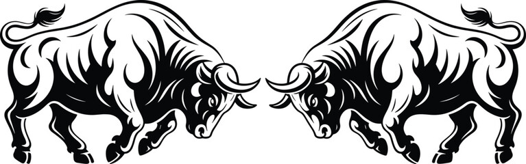 Black and white vector illustration of two powerful muscular charging bulls facing each other in an aggressive pose isolated on white background for 