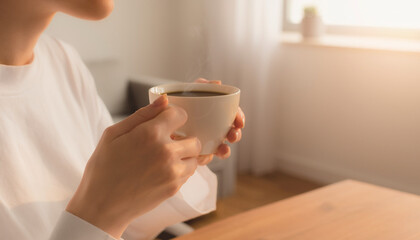 Woman holding a steaming cup of black coffee indoors. Perfect for coffee shops, cafes, and cozy lifestyle blogs. An inviting scene of a woman enjoying a hot beverage. Warm and comforting vibes.