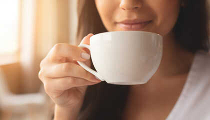 Woman holding white cup, smiling. Great for coffee shop, relaxation, happiness, morning routine, tea time, beverages, positivity concept.