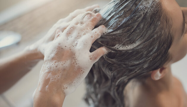 Person shampooing hair in bathroom with foam. Suitable for beauty, hygiene, hair care, and personal grooming concepts. Ideal for promotional material.