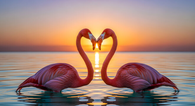 Romantic Flamingo Heart Sunset Love Reflection