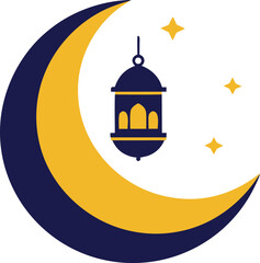 Crescent moon with lantern illustration isolated on transparent background, Vector, illustration