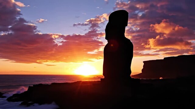 Moai statue silhouette against vibrant ocean sunset on Easter Island