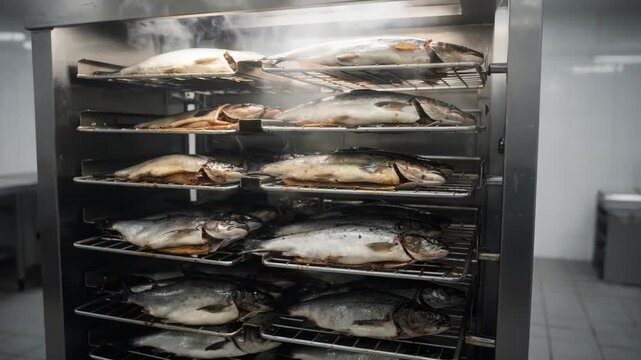Medium shot of fish neatly arranged on racks as they pass through a light smoke chamber highlighting delicate smoking techniques in a controlled seafood processing room.