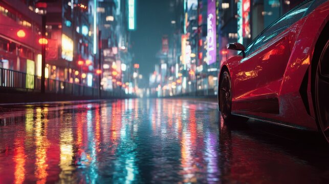 Red sports car on wet street with city lights reflecting in puddles. Cyberpunk city view with vibrant neon glow. Night urban scene banner.