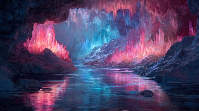 Crystal cave with glowing pink and blue mineral formations. Fantasy underground landscape with river reflecting vibrant light. Mystical environment.