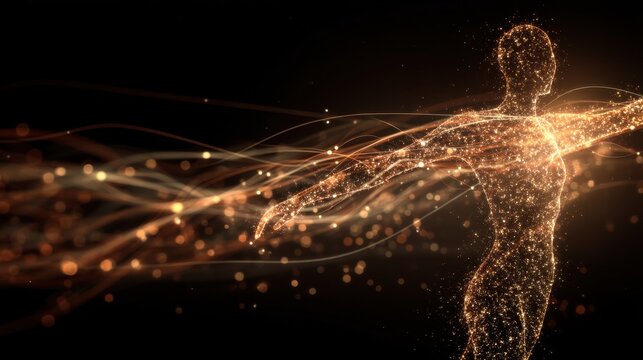 Female body glowing with particles of light on dark background. Energy concept for human anatomy, technology, health science.