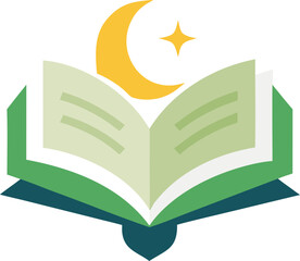 Open book with crescent moon and star isolated on transparent background, Vector, illustration