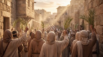 Obraz premium Palm Sunday procession in ancient Jerusalem, with a crowd of people waving palm branches in a narrow street, celebrating a religious event.