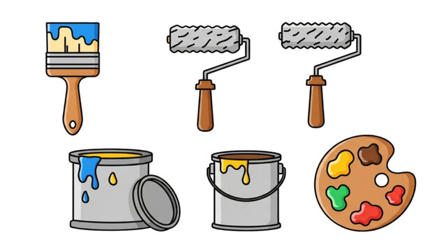 Artist's painting tools and supplies, including brushes, rollers, and paint cans, displayed neatly on a clean background.