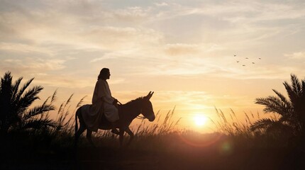Silhouette of Jesus riding a donkey at sunset, symbolizing a biblical journey.