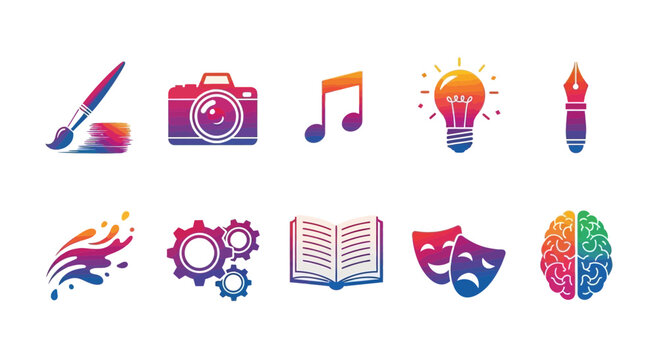 Ten colorful gradient icons representing various creative and intellectual concepts arranged in two rows