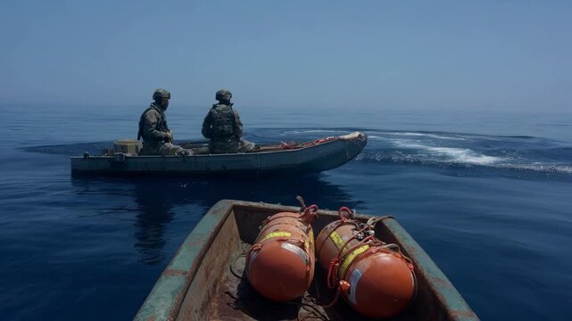 Midrange view of specialists deploying ecofriendly explosive disposal devices on a calm ocean surface emphasizing marine environmental protection.