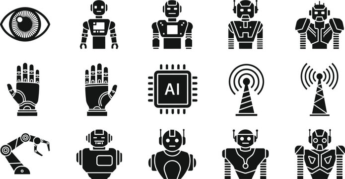 Black and white artificial intelligence icon set featuring robot heads hands eye chip signal and industrial automation technology symbols