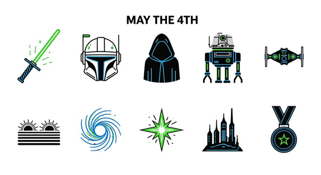 May the 4th text above two rows of ten stylized colorful Star Warsthemed icons