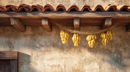 Bunches of ripe bananas hanging from a wooden beam under a terracotta tile roof, rural harvest and food concept
